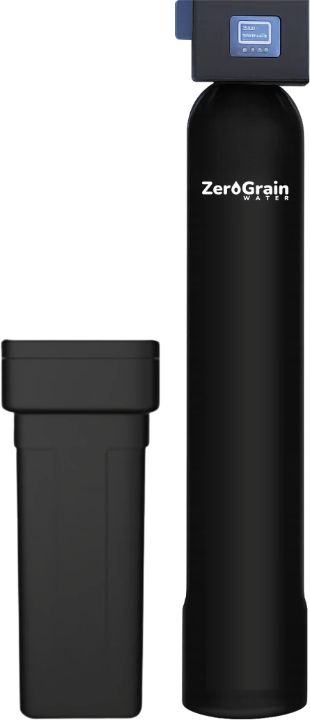 Whole-home softener: a tall black resin tank wearing a digital control head, with a shorter salt tank at its side